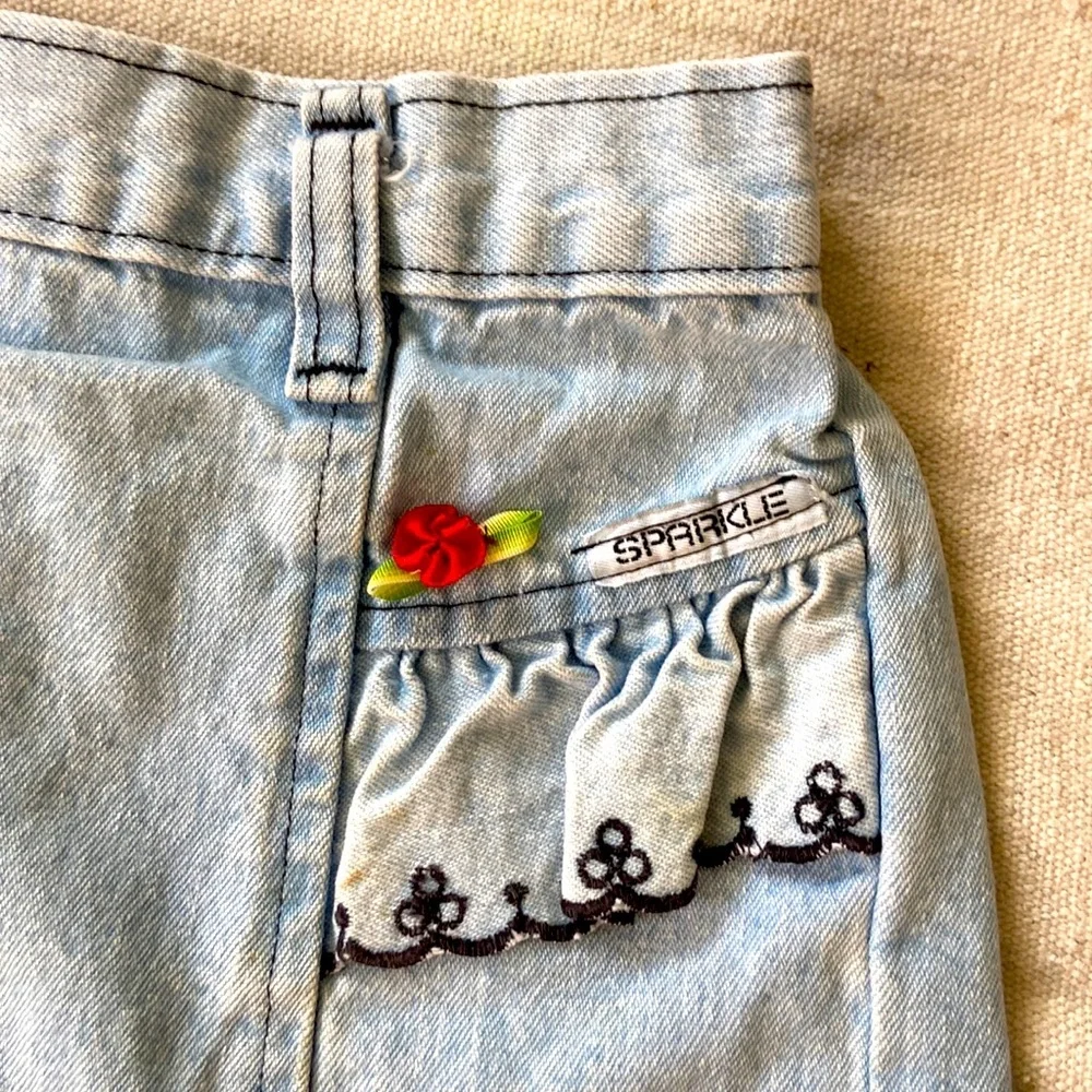 VINTAGE 80s 90s Skirt Denim Lace Grunge 6 Kids Dress Roses Light Wash Acid Mini
